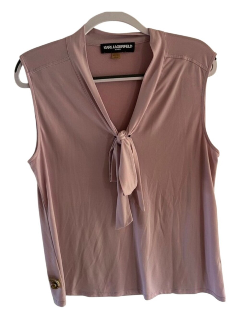 Karl Lagerfeld Blush Pink Sleeveless Tie Neck Blouse Size Large GUC